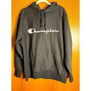 Champion USA Athletic Mens Black Script Logo Hoodie Fleece Pullover XL